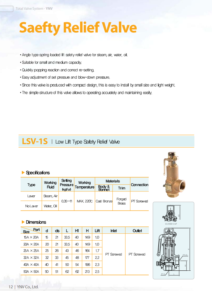 Van an toàn đồng YNV LSV-1S cho hơi nóng, nước, khí nén